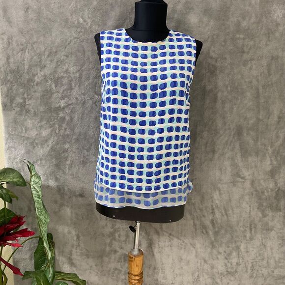 kate spade new york Tops - Kate Spade NY Island Stamp Dots Layered Top Tank XS Silk Blue White Sleeveless